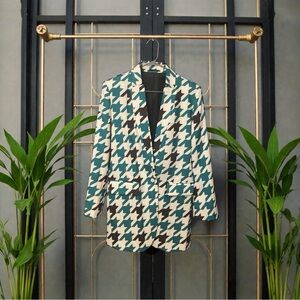 STYLEWE Teal and White Houndstooth Blazer